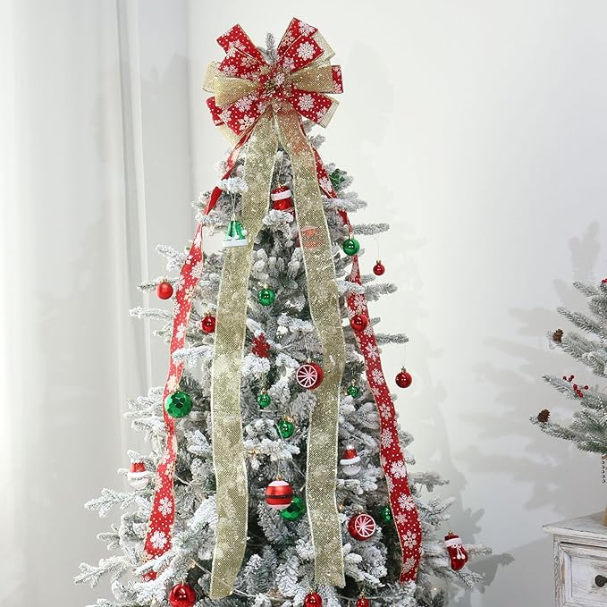 Christmas Tree Topper, Bow Large Christmas Bow Tree Topper, for Xmas Ornament Holiday Home Wedding Thanksgiving Indoor/Outdoor Decoration (Red Gold)