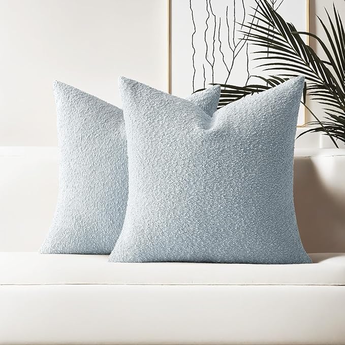HAUSSY Set of 2 22x22 Decorative Throw Pillow Covers, Soft Cozy Textured Boucle Couch Cases, Home Decor for Couch Bed Living Room, Dusty Blue