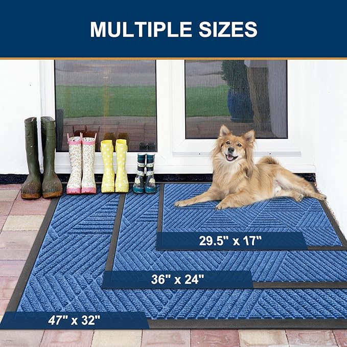 Smiry Front Door Mat Outside Entrance, Heavy Duty Sturdy Natural Rubber Doormat, Trap Dirt and Moisture, Easy Clean Low Profile Welcome Floor Mats for Indoor Outdoor Entry, 59x34 Inch, Blue