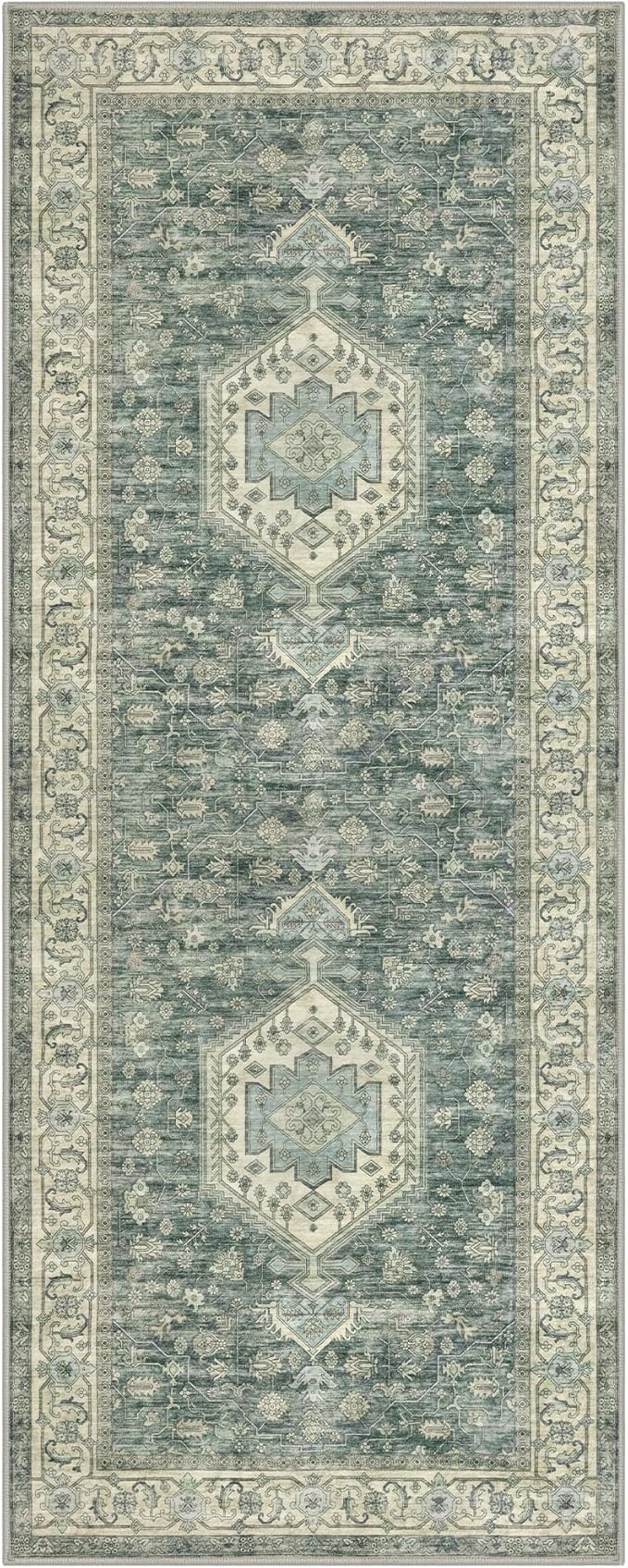 KUTA Runners for Hallways 2x6 Green, Vintage Floral Kitchen Rugs Non-Slip Washable Runner Ultra Soft Printed Retro Flower Carpet Entryway Rug for Bedroom Laundry Nursery Entryways
