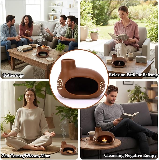 Palo Santo Sticks Holder, Handmade Ceramic Palo Santo Holder Burner for Burning Cone or Resin Incense, Smudge Sticks and Tealight, Chiminea Incense Holder for Meditation, Cleansing Negative Energy