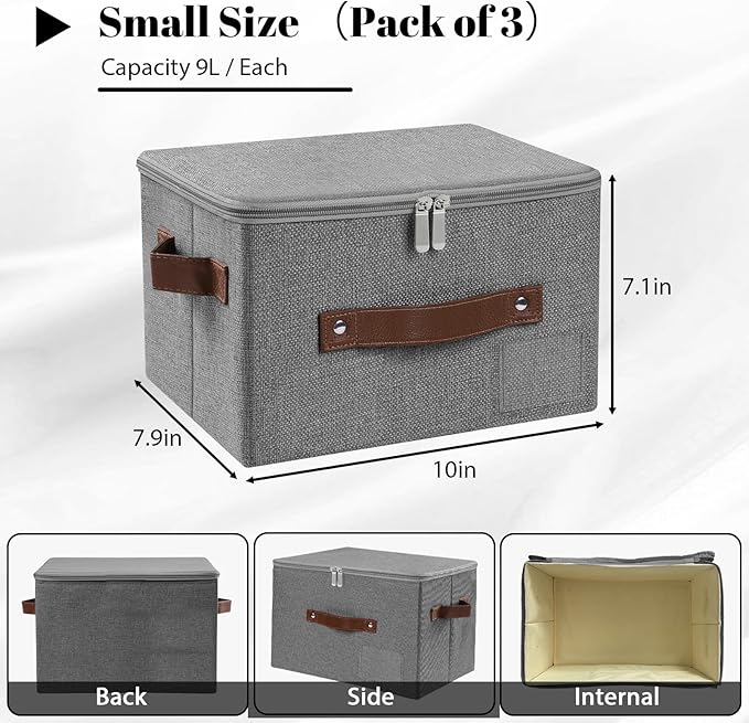 ANMINY 3PCS Storage Bins with Zipper Lid Storage Boxes with Label Holder PU Leather Handles Washable Foldable Decorative Lidded Cotton Linen Fabric Cubes Baskets Closet Organizer - Gray, Small
