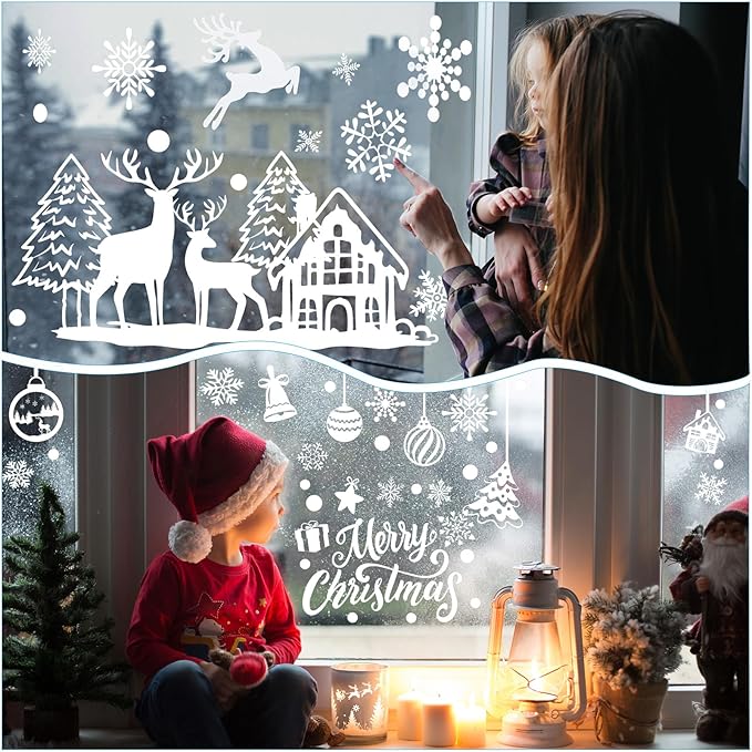 9 Sheet Christmas Snowflake Window Clings Winter Wonderland Decal Stickers Let it Snow Reindeer Snowman Window Seasons Decals for Elk Snowball Holiday Home Kitchen Living Room,9 Sheets (Winter2)