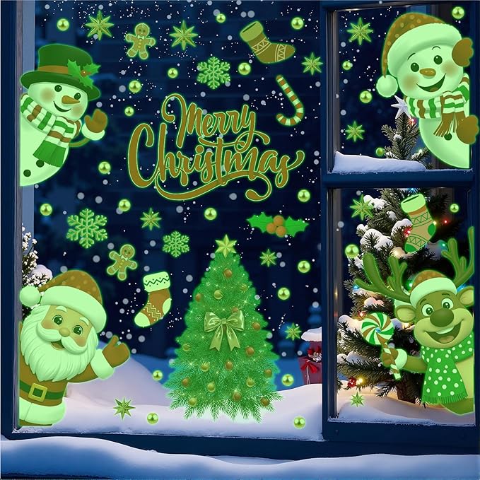 Merry Christmas Luminous Window Clings,Winter Snowflake Luminous Stickers,Xmas Wall Decals,Santa Snowman Reindeer Christmas Tree Stickers,Red Green Xmas Window Clings for Home Room School