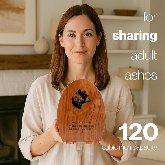 Personalized Bear Medium Cremation Urn for Sharing Adult Ashes - 120 lbs - Custom Wooden Memorial Urn - Engraveable Decorative Urns for Men and Women