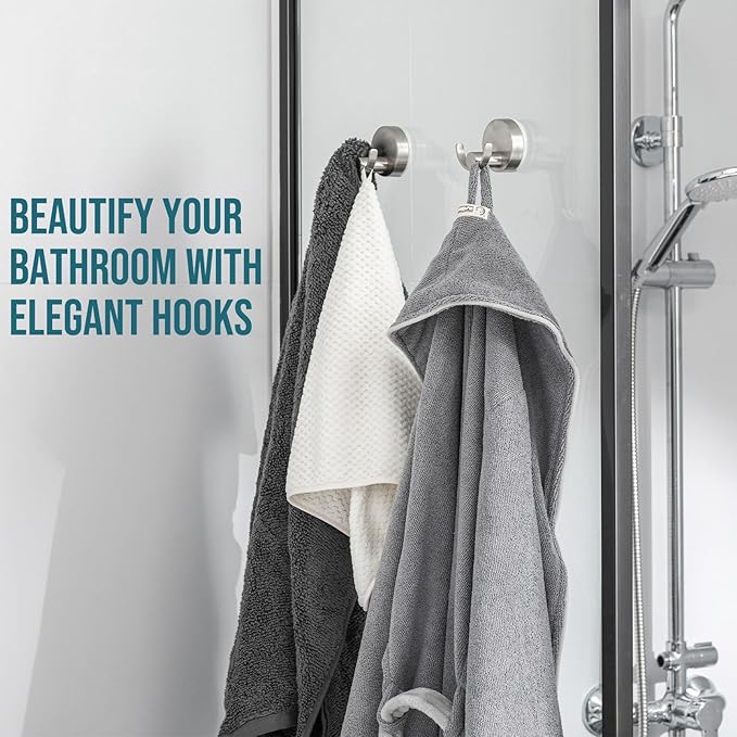 TAILI 304 Stainless Steel Bathroom Suction Hooks for Towel, Bathrobe, Loofah, Patented Strong Suction Cup Holder, No Damage Hanging Glass Shower Wall Hook, Double-Hook Sleek Design, 2 Pack, Silver