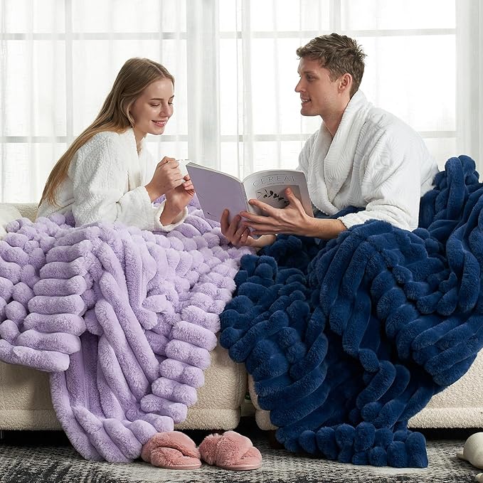 Cozy Bliss Faux Fur Throw Blanket for Couch, Cozy Warm Plush Striped Blanket for Sofa Bedroom Living Room, 50 * 60 Inches Navy Blue