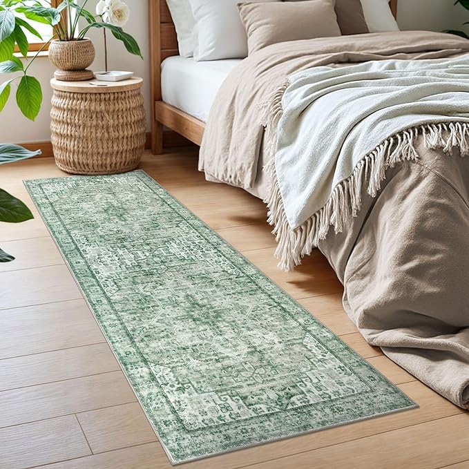2x6 Runner for Hallways, Sage Green Non-Slip Printed Washable Kitchen Runner, Vintage Boho Rug with Non-Shedding, Soft Medallion Floor Carpet for Laundry Bedroom Entryway