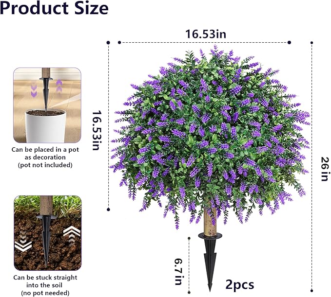 HyeFlora 26'' Artificial Topiary Boxwood Ball Trees with Lavender 2 Pack Fake Plants for Outdoor Indoor Artificial Shrubs with Ground Spike UV Resistant Fake Bushes for Front Porch Garden (Purple)
