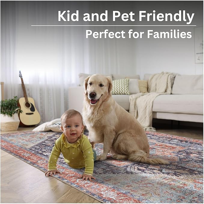 Bloom Rugs Washable Non-Slip 4' x 6' Rug - Terracotta/Blue Traditional Medallion Area Rug for Living Room, Bedroom, Dining Room, and Kitchen - Exact Size: 4' x 6'