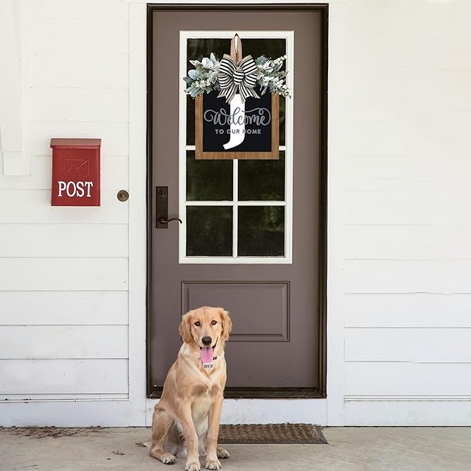 14’’ Last Name All Year Round Front Door Wreath, 26 Letter Welcome Sign Door Wreaths for Front Door Outside, Welcome Garland and Eucalyptus and Bow Suitable for All Seasons for Outdoor Decoration (J)