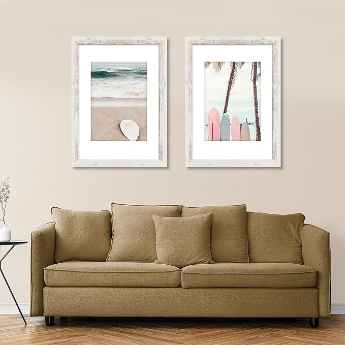 A3 Frame Set of 2, Distressed White Wood Style - Display Pictures A4 with Mat or 11.7x16.5 without Mat, Wall Mounting Horizontal and Vertical