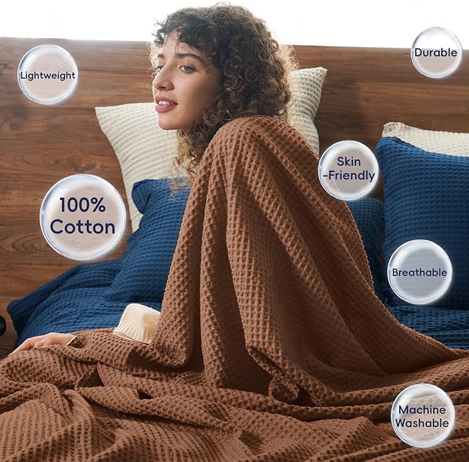 PHF Pre-Washed Cotton Waffle Weave Blanket Throw Size for Couch Bed,Snag Proof Spring Summer Lightweight Breathable,Oeko-TEX Certified,Machine Washable, Home Decor Gift，Cappuccino