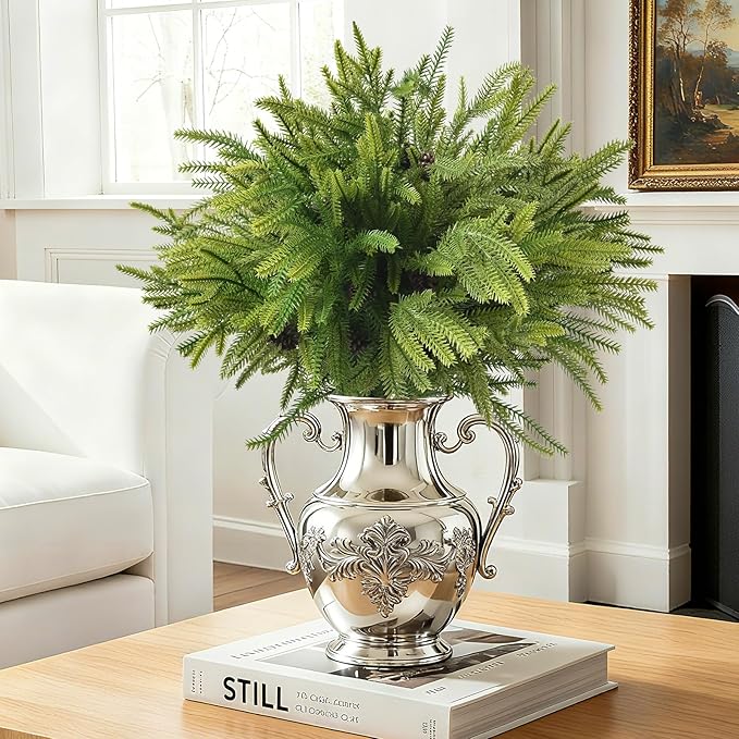 12 PCS Real Touch Christmas Norfolk Pine Stems Branches with 5PCS Pinecones, Soft Bendable Droopy Artificial Faux Pine Stems Picks Lifelike Greenery Stems for Vase Garland Wreath Table Home Decor