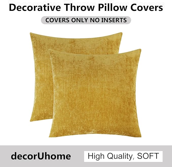 decorUhome Chenille Mineral Yellow Christmas Throw Pillow Covers 26x26 Inch Set of 2, Decorative Soft Couch Pillow Covers Solid Dyed Accent Farmhouse Neutral Square Pillow Cases for Sofa