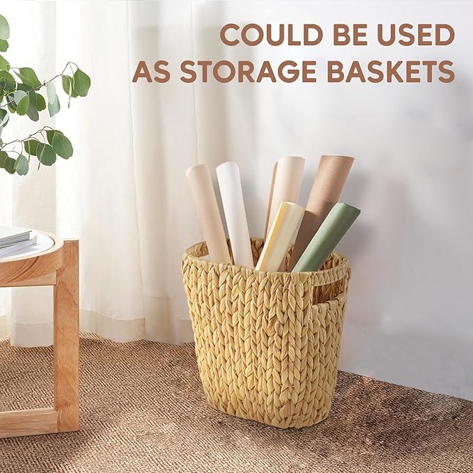 Greenatural Wicker Trash Can, Handwoven Water Hyacinth Waste Basket, Wicker Storage Bin with Natural Finish, Rustic Garbage Can for Laundry Room, Bathroom, Bedroom, Office, 13x7.5x12.25 inches