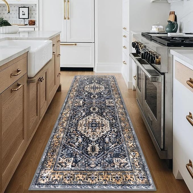 KOZYFLY Runners for Hallways 2.6x8 Ft Washable Kitchen Runner Rug Boho Runner Rug for Entryway Indoor Gold Navy Printed Oriental Faux Wool Floor Carpet Runner for Bedroom Kitchen Hall