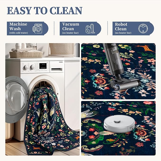 Tangsoo 2x3 Small Area Rug for Entryway, Non Slip Machine Washable Boho Nature Floral Animal Entry Rug, Low Pile Throw Rugs Door Mat Indoor Entrance Floor Carpet for Bedside Kids Room, Kids Room
