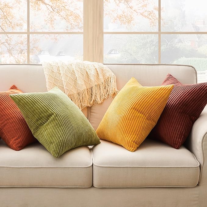Topfinel Fall Burnt Orange Decorative Throw Pillows Covers 24x24 Inch Set of 4,Yellow Green Gradient Series Corduroy Striped Square Pillow Case,Western Modern Cushion Cover for Couch Sofa Bedroom