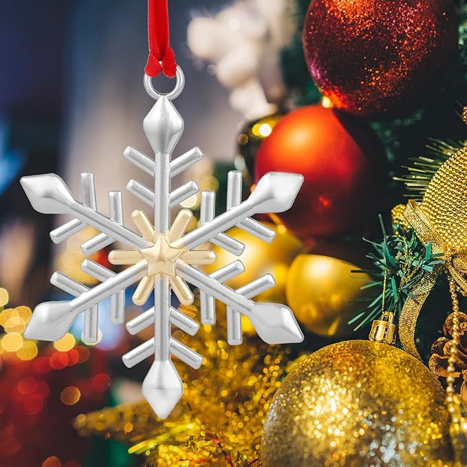 Snowflake Christmas Ornament Set - Silver & Gold Plated Metal Snowflake Ornaments for Christmas Tree - Annual Holiday Keepsake (Style B)