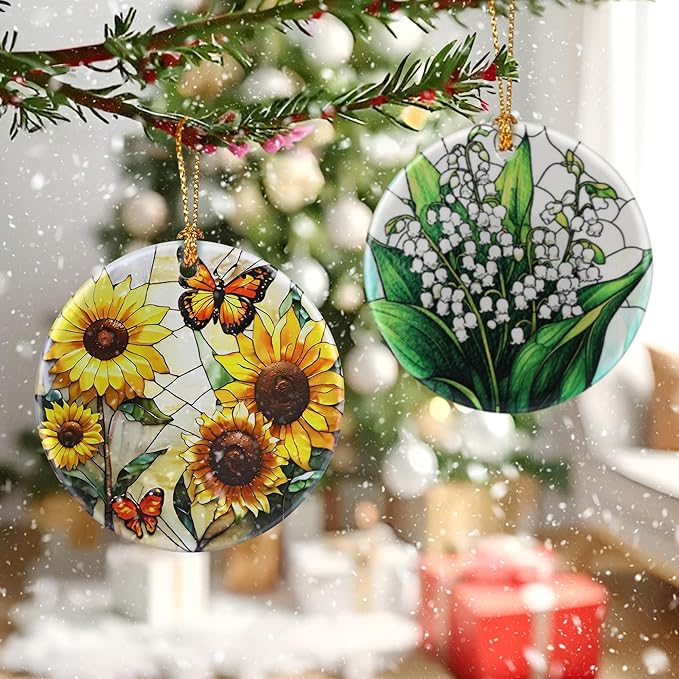 Sunflowers with Butterflies Ornament – Christmas Decoration & Christmas Ornament; Round Ceramic (Holiday Present, Bauble Present, Gift Idea, and Gift Exchange) | Heirloom Keepsake