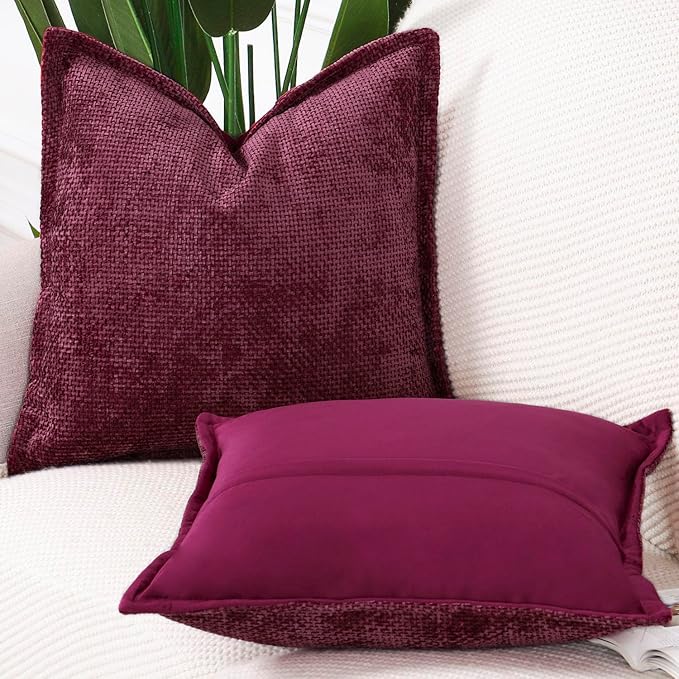 MADIZZ Chenille Velvet Throw Pillow Covers with Flange Set of 2 Super Soft Boho Textured Pillow Covers Decorative Throw Pillowcases Modern Farmhouse Home Decor for Sofa Bedroom Burgundy 20x20 Inch