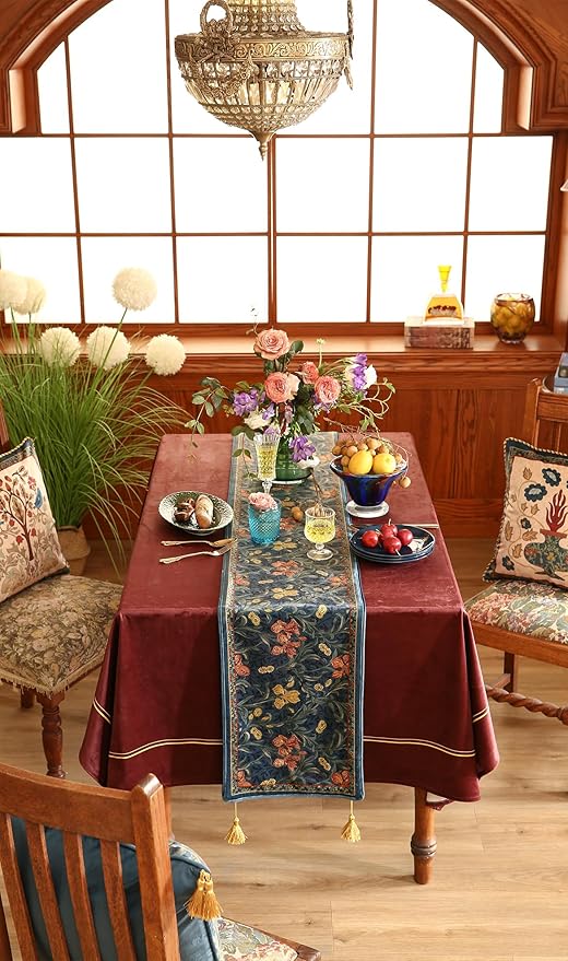 patdrea Designer Casual Wild Floral Velvet Table Runner 118 Inch Long, Dark Blue Occult Bouquets Pattern Table Mat, Decoration for Kitchen Dining Coffee Table Cabinet Banquet Thanksgiving,12"*118"