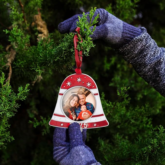 GUOER 2025 Christmas Tree Ornament Picture Frame Holiday Keepsake Gift Home Decor Christmas Decorations Xmas Gifts Pendant with 2” Photo Frame Insert (2025 Bell)