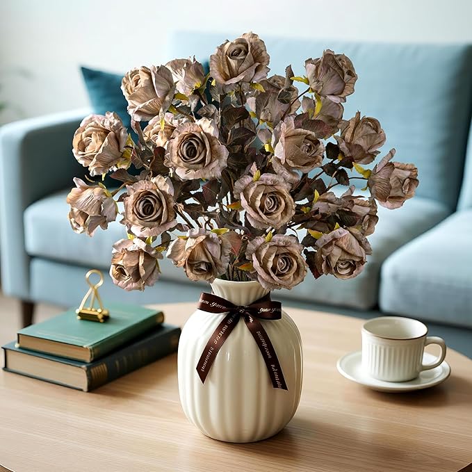 Artificial Flowers Artificial Roses Fake Roses 23.2In Long Stem Artificial Flowers for Tall Vase Silk Rose 20PCS Suitable for Indoor Decor Wedding Party Decoration DIY Bouquet Autumn (Brown)