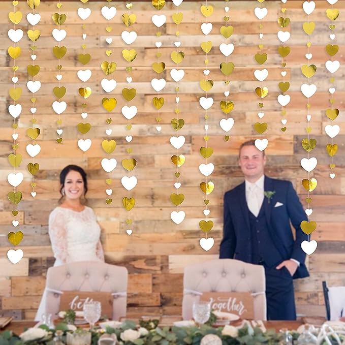 White Gold Heart Garland Hanging Paper Love Heart Streamer Banner for Baptism Engagement Anniversary Valentines Day Birthday Bachelorette Mothers Day Wedding Bridal Shower Party Decorations Supplies