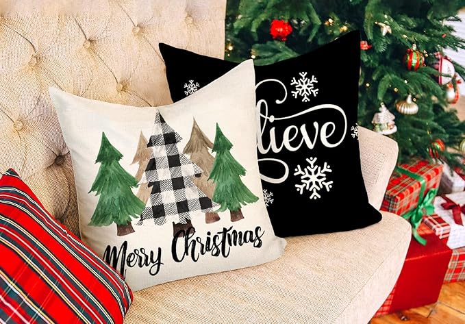4TH Emotion Buffalo Check Christmas Pillow Covers 16x16 Set of 4 Black White Farmhouse Xmas Decorations Winter Holiday Decor Throw Cushion Case for Home Couch S24C40-16