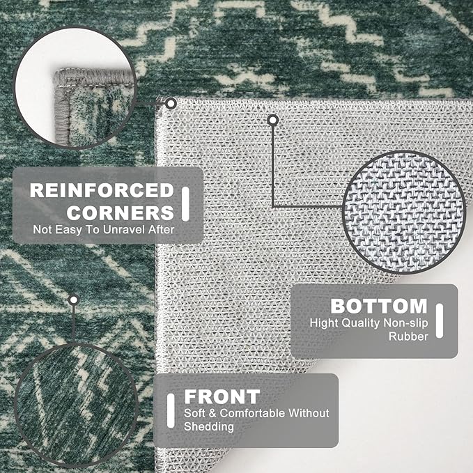 KILOCOCO Boho Entryway Rug 3x5 Area Rug Washable Non Slip Throw Rugs Soft for Kitchen Living Room Dining Bedroom Geometric Moroccan Carpet, Green