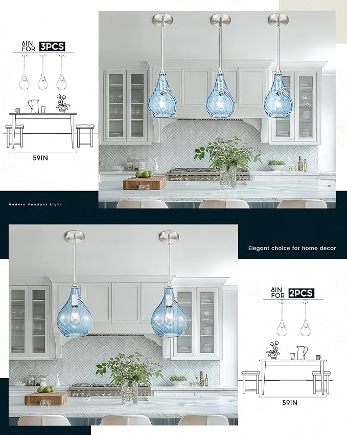 TENGXIN 8 Inch Hanging Light for Kitchen Island,Kitchen Pendant Lighting Over Island,Brushed Nickel Finished Blue Glass Pendant Light,Farmhouse Pendant Light for Dining Room,TXPLBN13-L