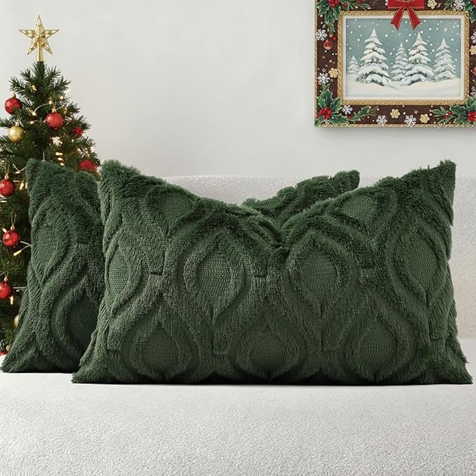 decorUhome Throw Pillow Covers 12x20 Inch Set of 2, Soft Plush Faux Wool Forest Elf Solid Couch Pillow Covers, Accent Farmhouse Neutral Lumbar Pillow Cases for Sofa Bed Living Room
