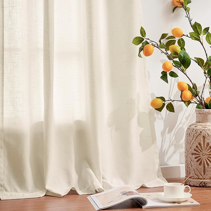 jinchan Linen Blend Curtains 90 inch Length 2 Panels for Bedroom Living Room, Light Filtering 50 inch Wide Farmhouse Drapes with Rod Pocket Back Tab(50W x 90L, Ivory)