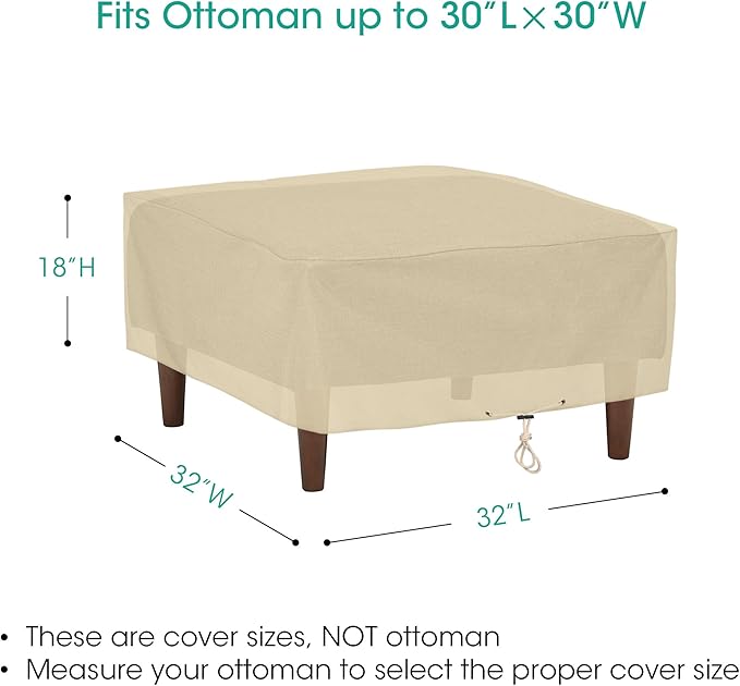 SunPatio Outdoor Ottoman Cover, Heavy Duty Waterproof Square Coffee Table Cover, Patio Furniture Side Table Cover, All Weather Protection, 32" L x 32" W x 18" H, Beige