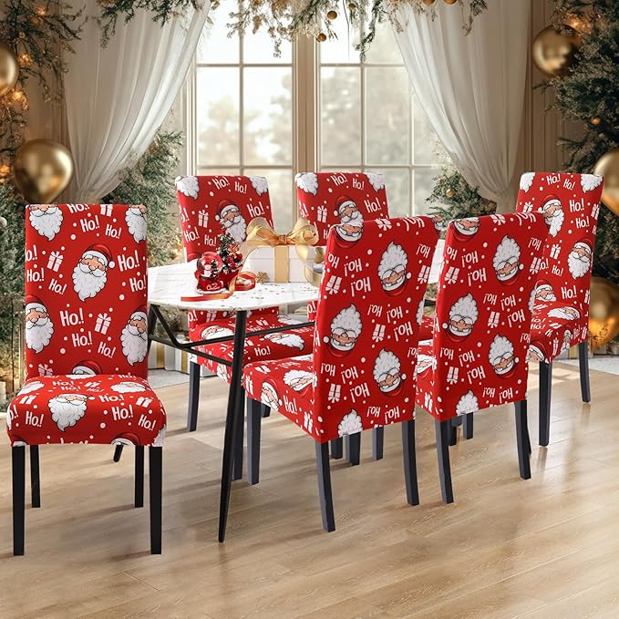 SearchI Christmas Chair Covers Set of 6, Stretch Xmas Kitchen Chair Cover Removable Washable Holiday Parsons Chair Slipcovers for Dining Room, Christmas Decoration, Ceremony(Santa Claus)
