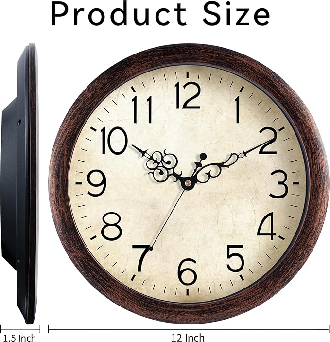Wall Clock 12 Inch Vintage Wall Clocks Battery Operated Quartz Silent Non-Ticking Retro Rustic Style Clock Decorative for Living Room, Home Office, Kitchen,Bedroom (Bronze)