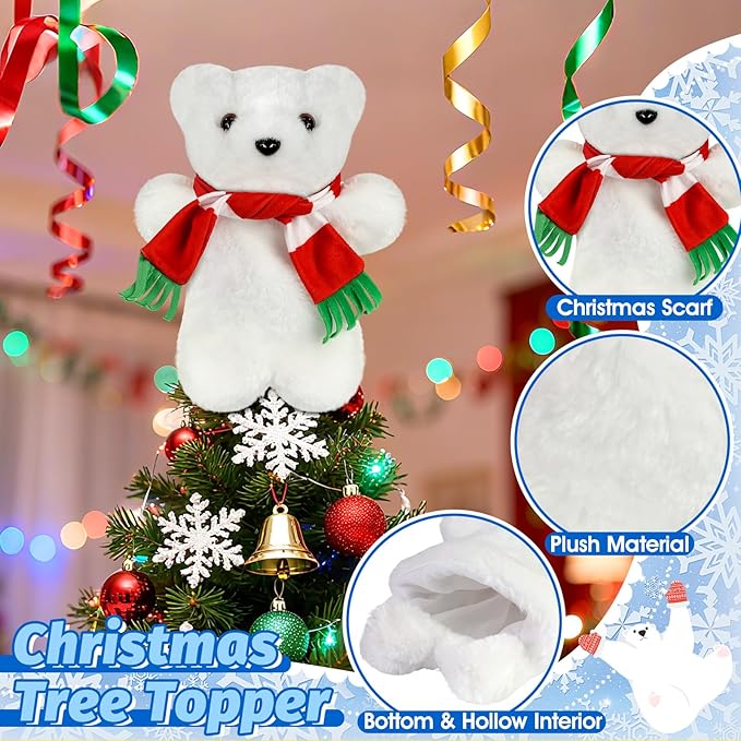 Eyourlife Polar Bear Christmas Tree Topper with Red Scarf, 9inch Winter Cute Plush Stuffed White Polar Bear Tree Topper Decor for Party Home Gifts Xmas Christmas Indoor/Outdoor Tree Top Decoration
