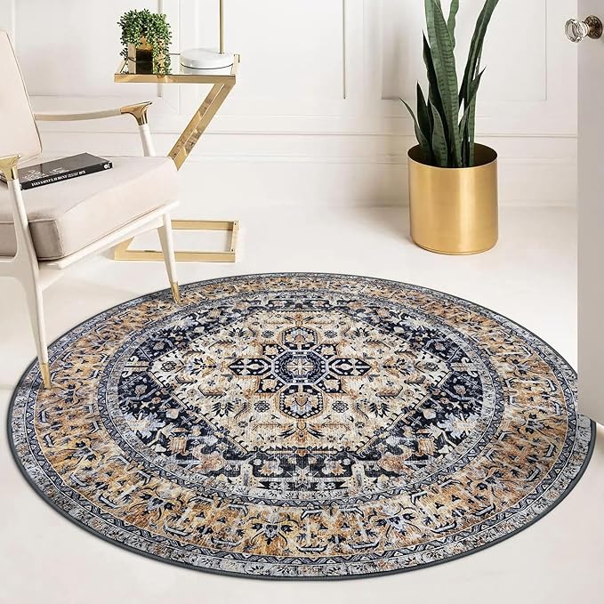 KOZYFLY Boho Round Rug 5 Ft Rugs for Entryway Washable Circle Rug Non Slip Doormat Gold Navy Printed Faux Wool Vintage Round Entryway Rug Floor Carpet Round for Entrance, Bedroom