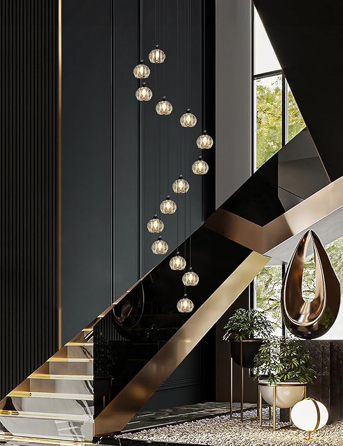 Crystal Chandeliers for Staircases, 14-Light Black Modern Chandeliers for High Ceilings，Crystal Pendant Light Fixture for Living Room Kitchen Island Foyer Hallway Bar