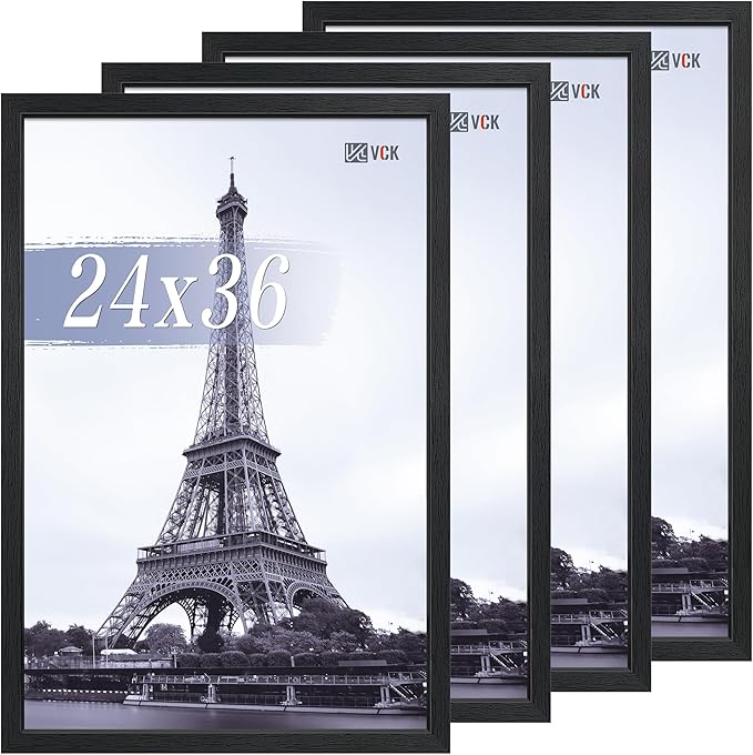 VCK 24x36 Poster Frames Black 4 Pack, Textured Exclusive Solid Wood Picture Frame, Wall Gallery Frame