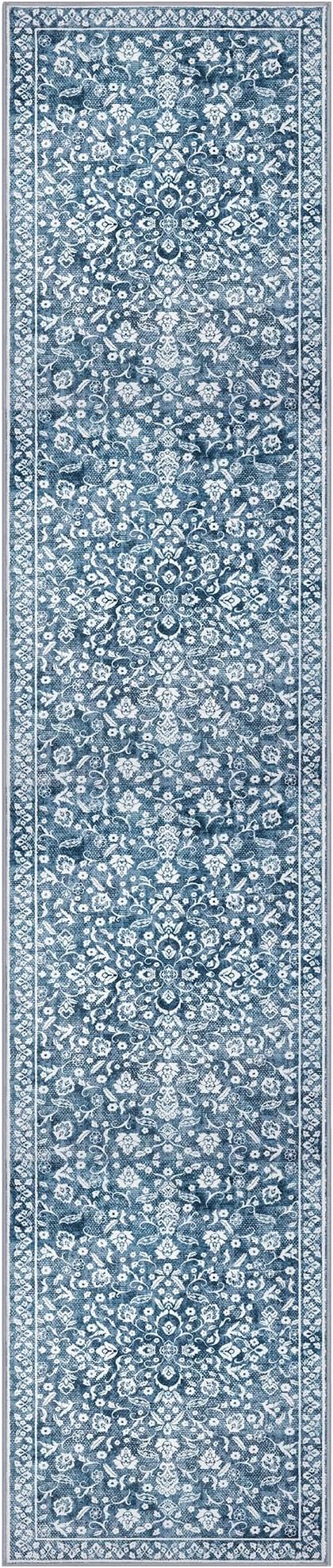 Vintage 2.6x14 Hallway Runner, Blue and White Washable Non-Slip Long Hallway Carpet, Super Soft Kitchen Runner, Print Faux Wool Floral Thin Carpet for Entryway