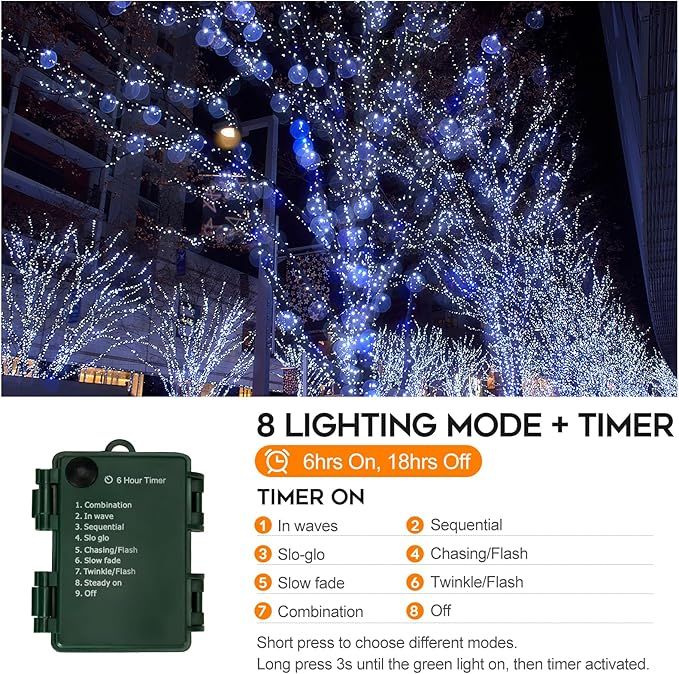 2 Pack Battery Operated Christmas Lights, 10FT 100 Micro LEDs Fairy Lights with 8 Modes and Timer, Green Copper Wire for Indoor Outdoor Christmas Tree Wreath Garland Garden Party, Cool White