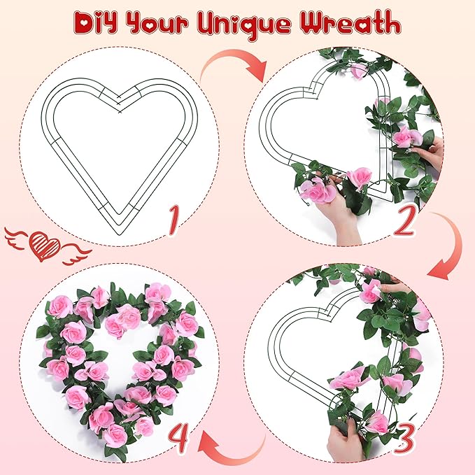 Aodaer 4 Pack 12 Inch Heart Wire Wreaths Frame Heart Metal Wreath Garland Green Wire Flower Wreath for Valentine's Day, Wedding Party, Home Ceremony Decoration