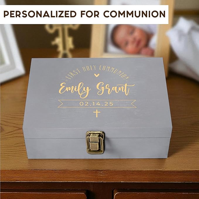 Personalized Memory Box for Keepsakes Baptism Gifts First Communion Christening Wooden Gift Box - Storage Box for Girls, Boys Custom Engraved Keepsake Boxes for Jewelry Memento Photos Storage