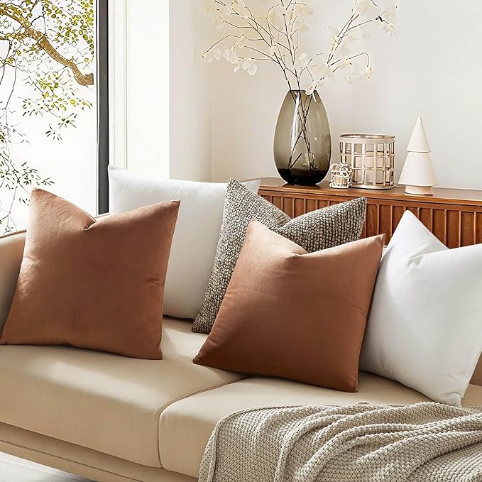 JUSPURBET 20x20 Throw Pillow Covers Set of 2 Decorative Pillow Covers for Couch Sofa Bed Cozy Velvet Cushion Covers Cases with Invisible Zipper for Living Room Home Decor,Mocha Mousse