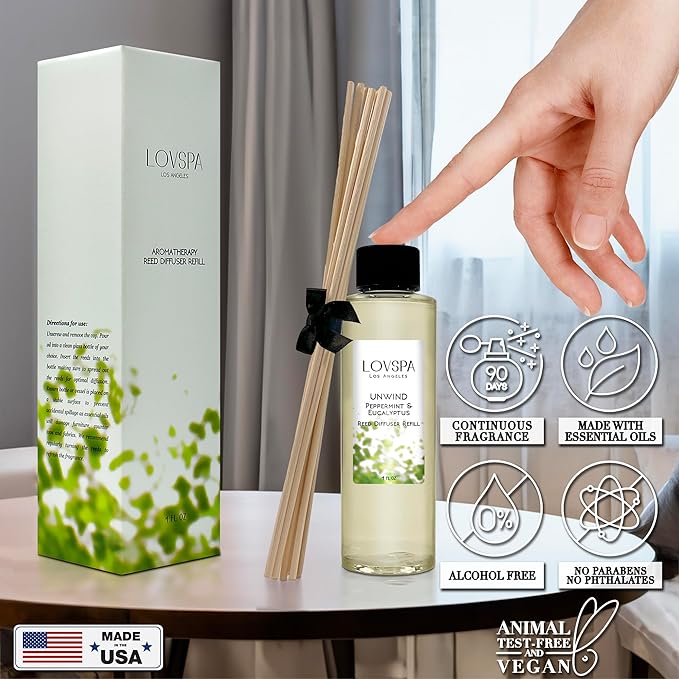 LOVSPA Unwind Eucalyptus & Mint Diffuser Oil - Luxury Essential Oils for Diffuser Refill & Air Freshener Room Spray - Long-Lasting & Natural Home Fragrance, Scented Oil for Diffusers, USA Made, 4oz