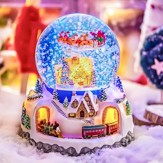 Musical Rotating Santa Claus Flying Over Village,Automatic Snowfall,Train, Christmas Snow Globe Music Box Gifts, for Women Wife Mom Girlfriend Daughter, Xmas Present,Plays 48 Classic Christmas Carols