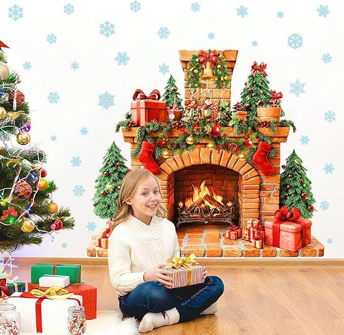 Large Fireplace Wall Stickers Removable Christmas Wall Decals Peel and Stick Fireplace Mural Sticker Winter Tree Snowflake Holiday Decorations for Walls Xmas Fire Flame Decal Party Decor